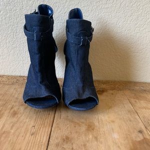 Denim peep toe heel